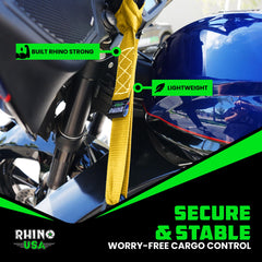 Rhino USA soft loop strap in use on dirt bike for secure hold.