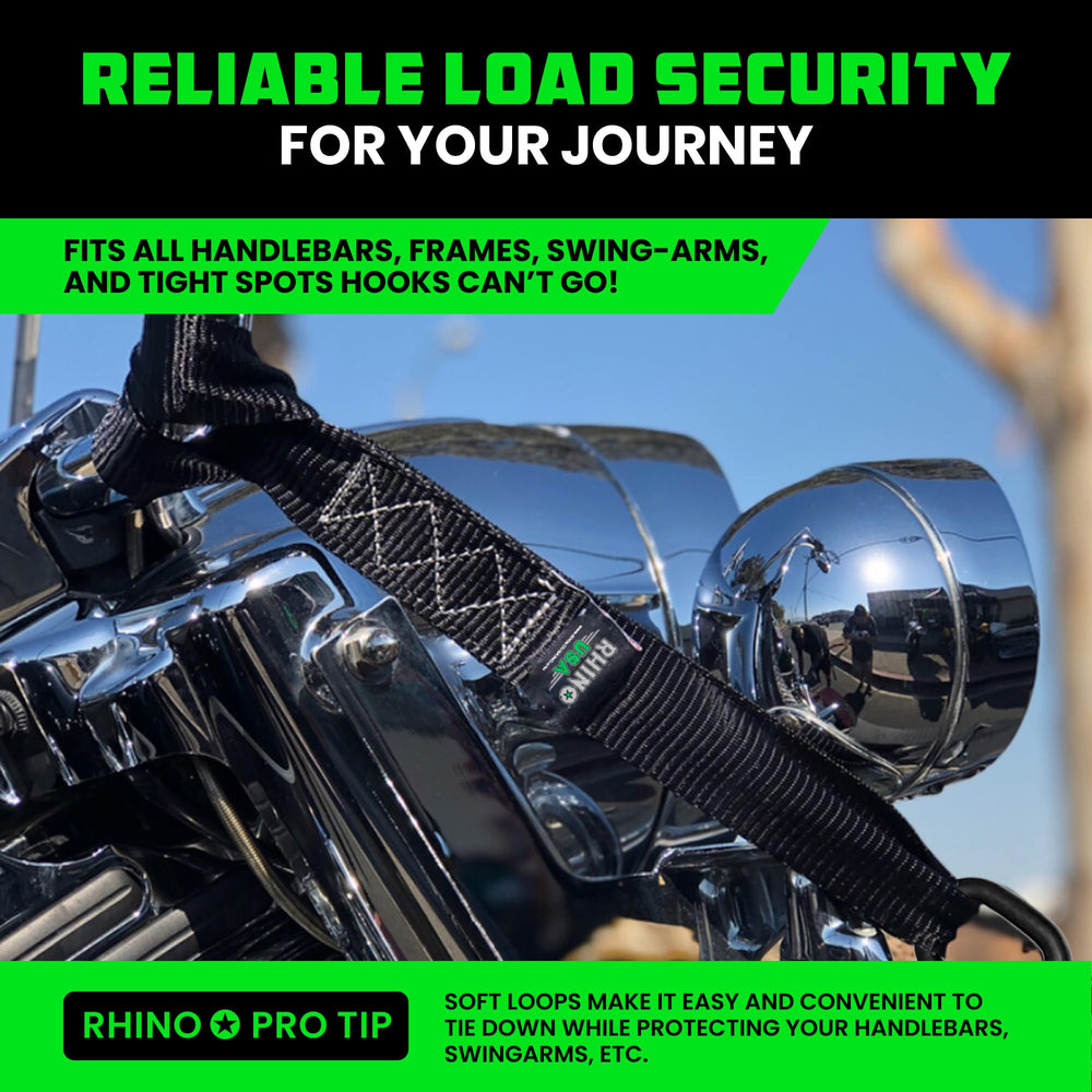 Rhino USA soft-loop with ratchet setup demonstrates fast securing through handlebars.