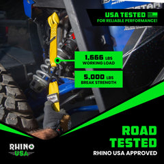 Rhino USA soft loop strap with ratchet setup shows quick tie-down.