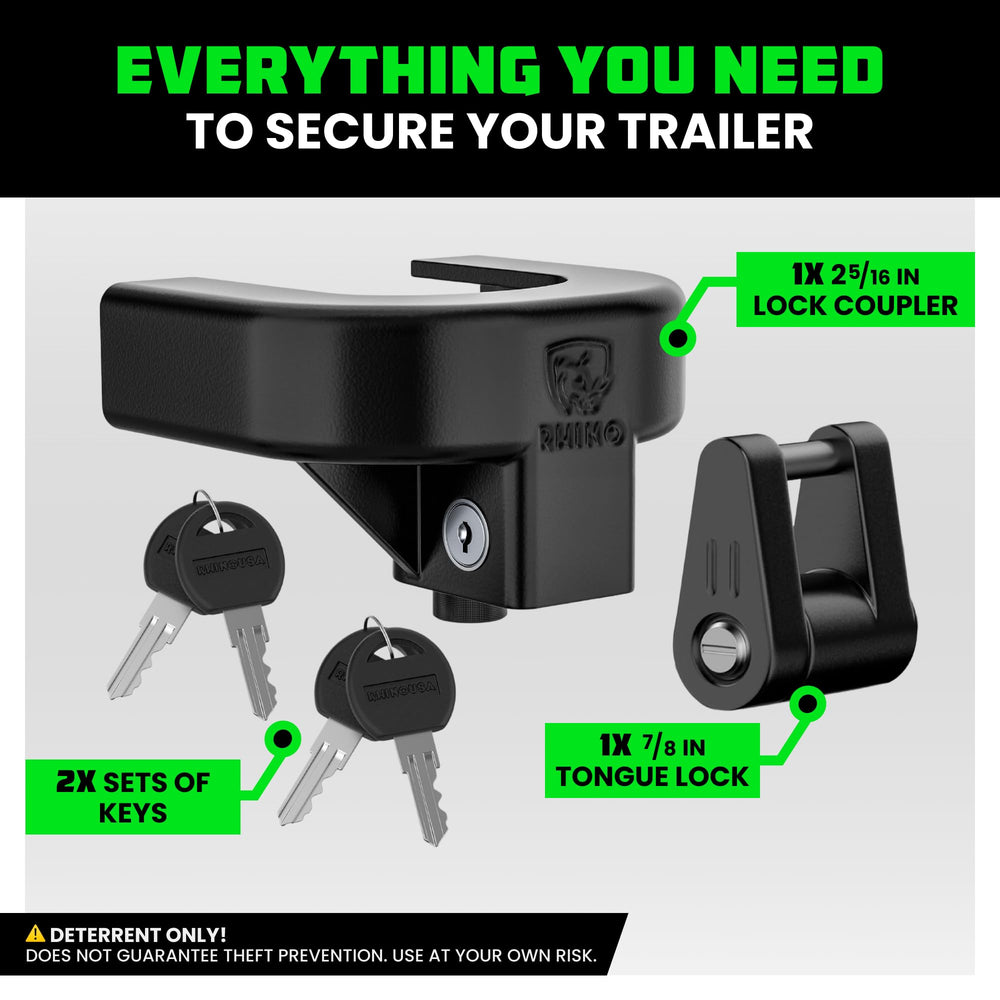 Rhino USA solid steel hitch lock visible on a trailer tongue.