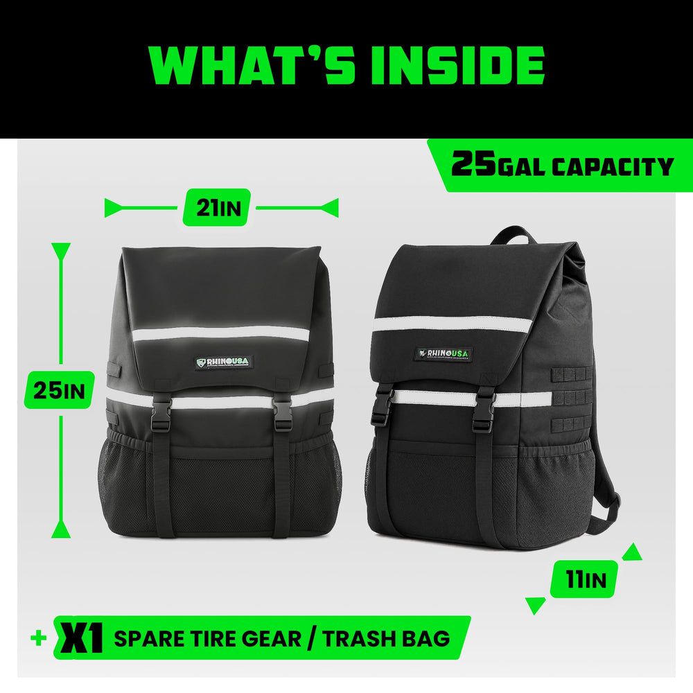 Rhino USA spare tire trash bag includes bonus sticker pack.