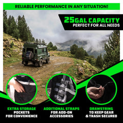 Rhino USA spare tire trash bag with side strap secures on rough terrain.