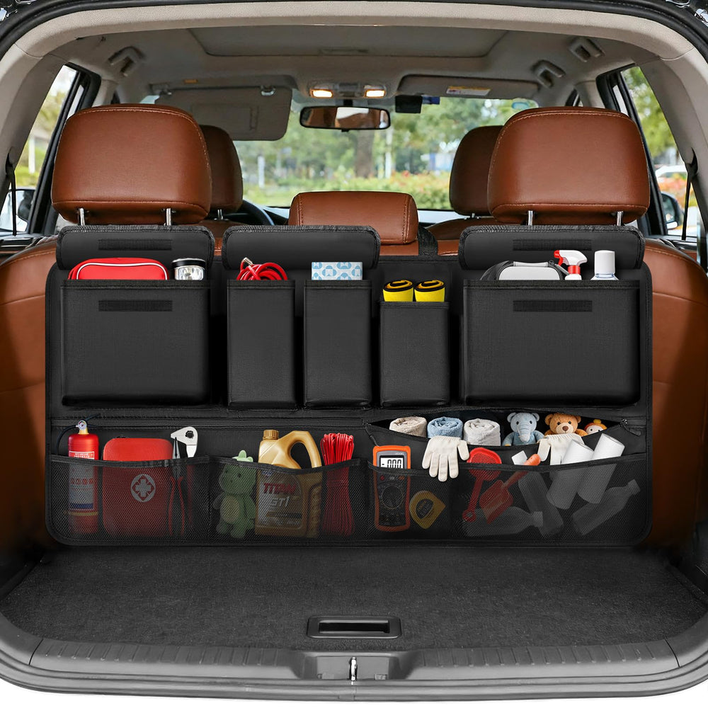 Rhino Valley trunk organizer with top buckles secures items during drives