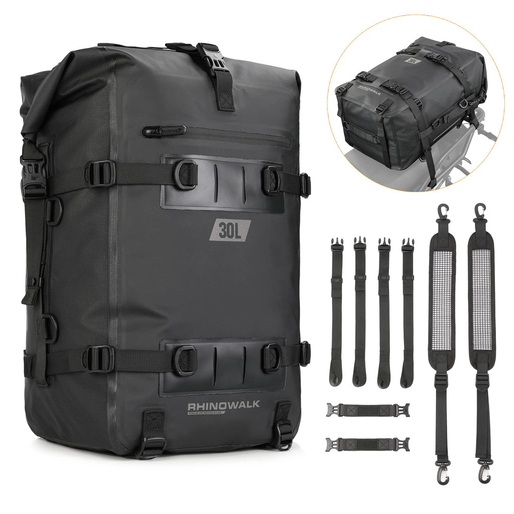 Rhinowalk 30L tail bag exterior view showing waterproof fabric for dry gear.