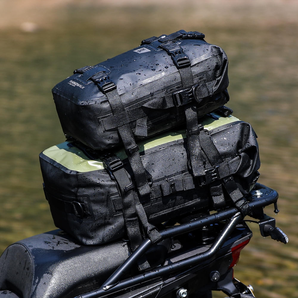 Rhinowalk 30L tail bag mounted on motorcycle rear rack during ride.