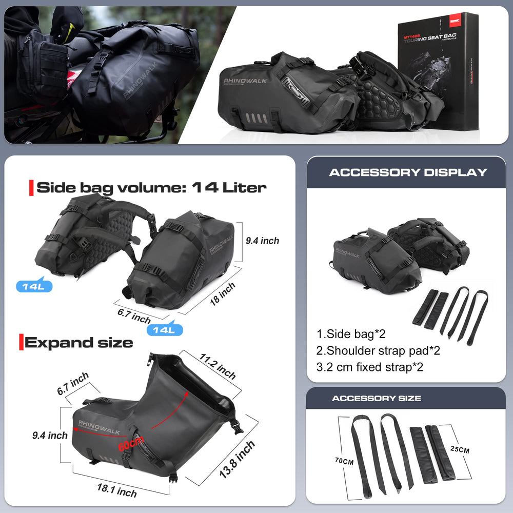 Rhinowalk double-side bags attached to rack for organized luggage.