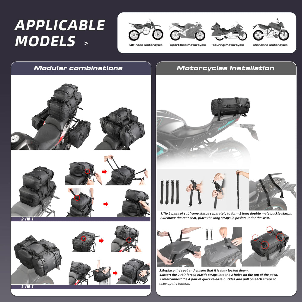Rhinowalk modular buckles enable two to four bag configurations for flexible packing.