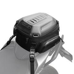 Rhinowalk tail bag expandable hard shell on motorcycle rack cushions gear during rides