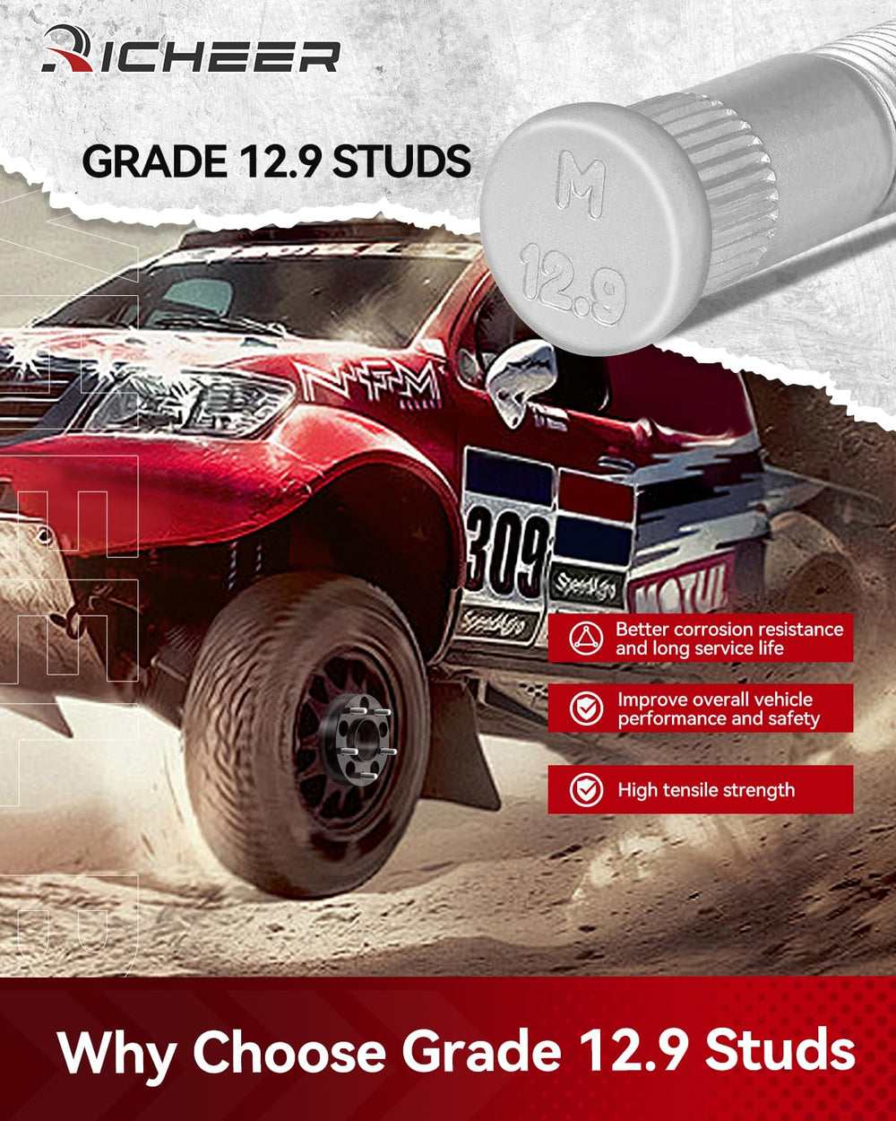 Richeer grade 12.9 studs offer strong engagement in demanding driving.