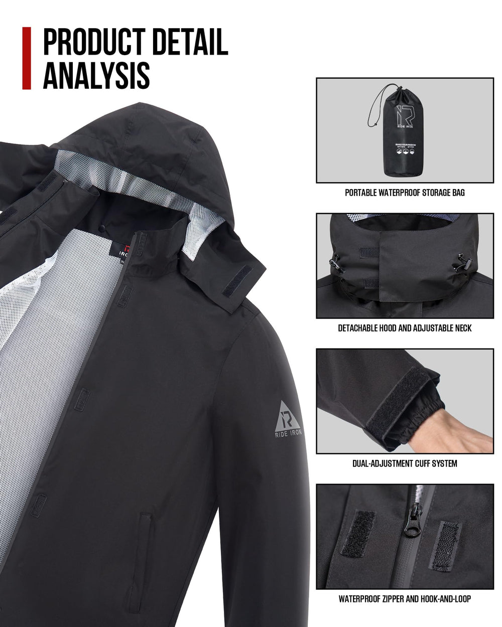 RIDEIRON Rain Suit with detachable hood for adaptable weather coverage.
