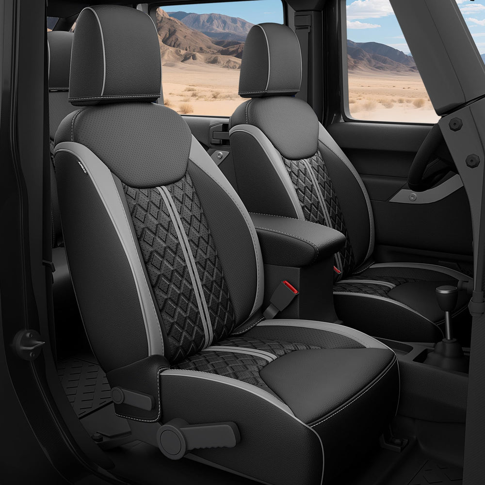 RIDEPOSH Jeep Wrangler seat cover full set protects upholstery with a durable leather-like finish.