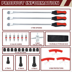 Riseuvo valve cores, caps, and stems arranged for quick tire service use.