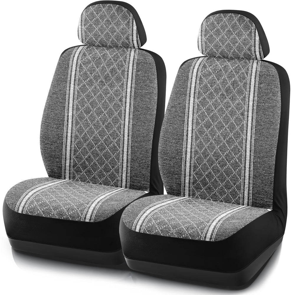 Road Comforts Baja Blanket seat cover front view in gray diamond showing fit