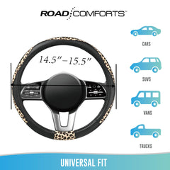Road Comforts black leopard steering cover adds bold style to a vehicle interior.