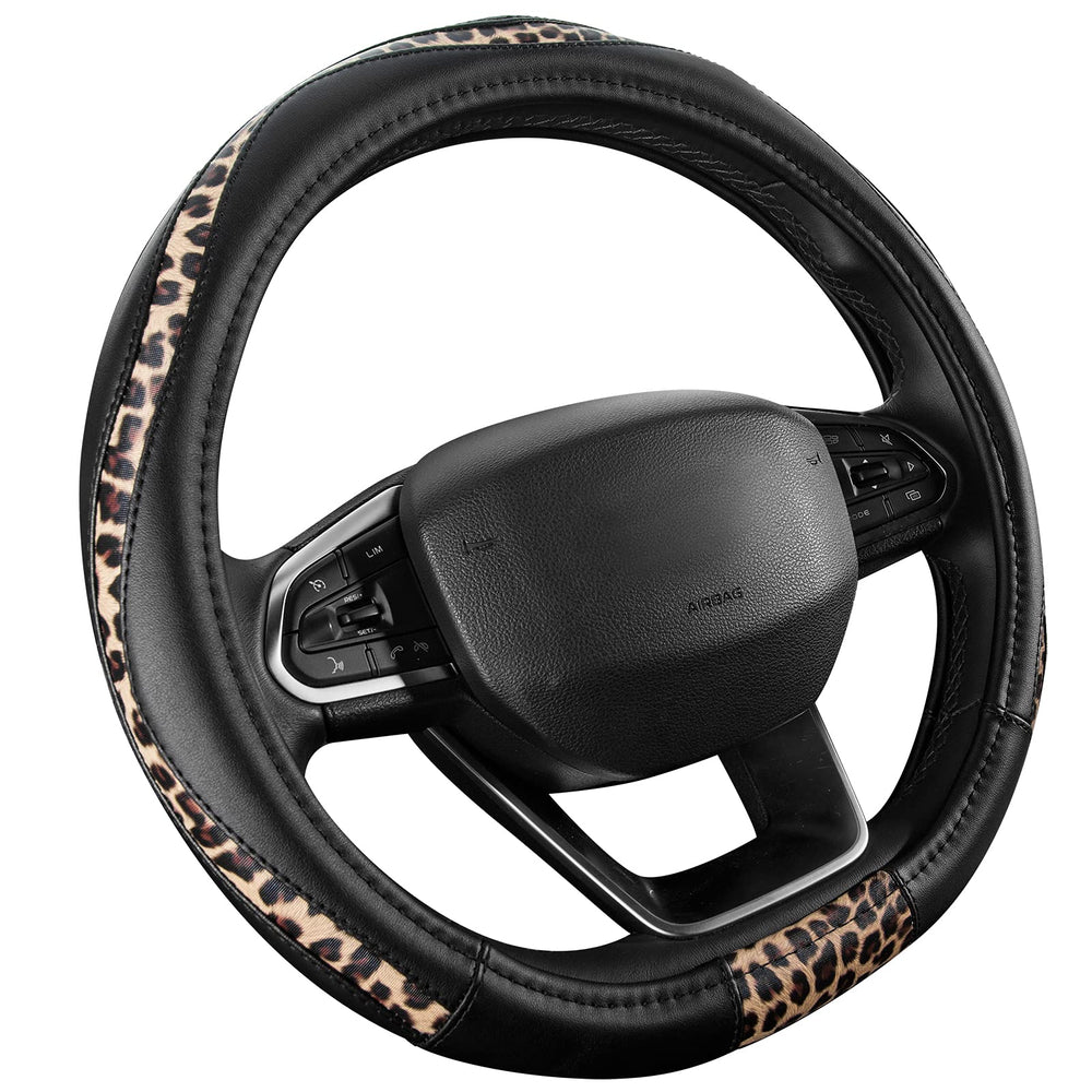 Road Comforts D-Type leopard close-up stitching highlights premium PVC leather feel.