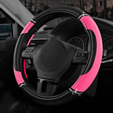 Road Comforts leather steering wheel cover front view with hot pink anti-slip style.