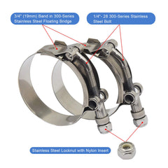 Roadformer T-Bolt clamp 71-79mm bolt and band detail emphasizes secure, corrosion resistant fastening.