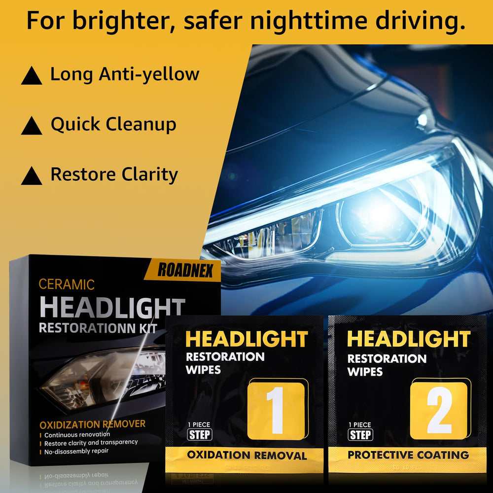 ROADNEX headlight oxidation remover wipes tackle oxidation and haze on plastic lenses.