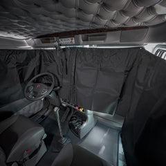 RoadPro RPCC curtain unrolled, showing wide 11 ft coverage for a sleeper cab.