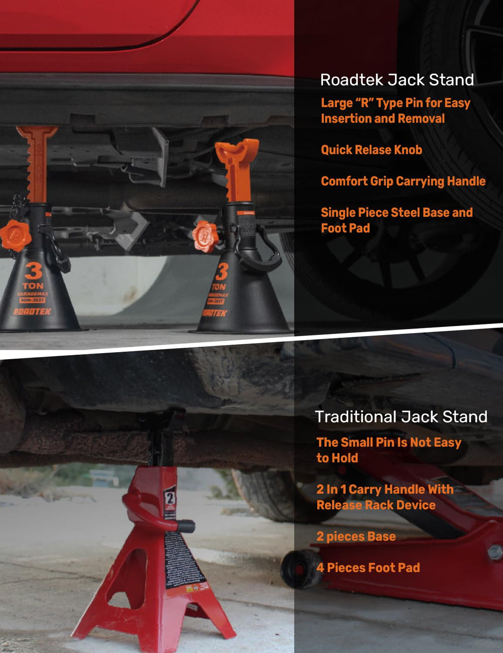 ROADTEK jack stands double locking system for secure height