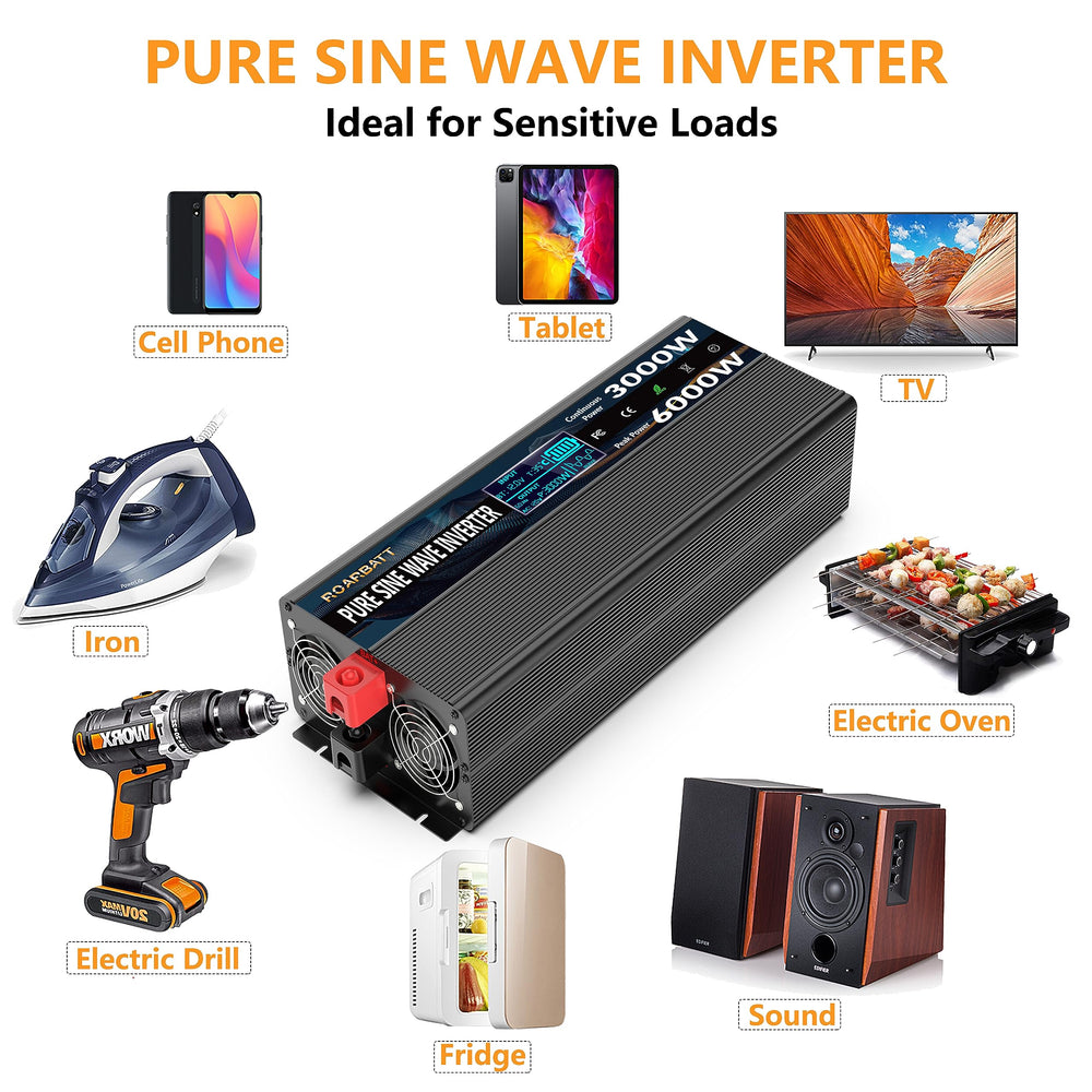 ROARBATT 3000W inverter with 4 AC outlets ready to power multiple devices in RV or off-grid.