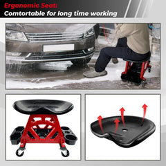 ROBLOCK stool displaying tool holders, compartments, and bottle slots for quick access.