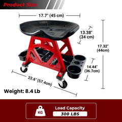 ROBLOCK mechanic stool showing under-seat storage tray for organized tools.