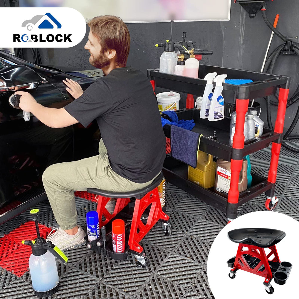 ROBLOCK workshop setup featuring the rolling stool in a car detailing scene.