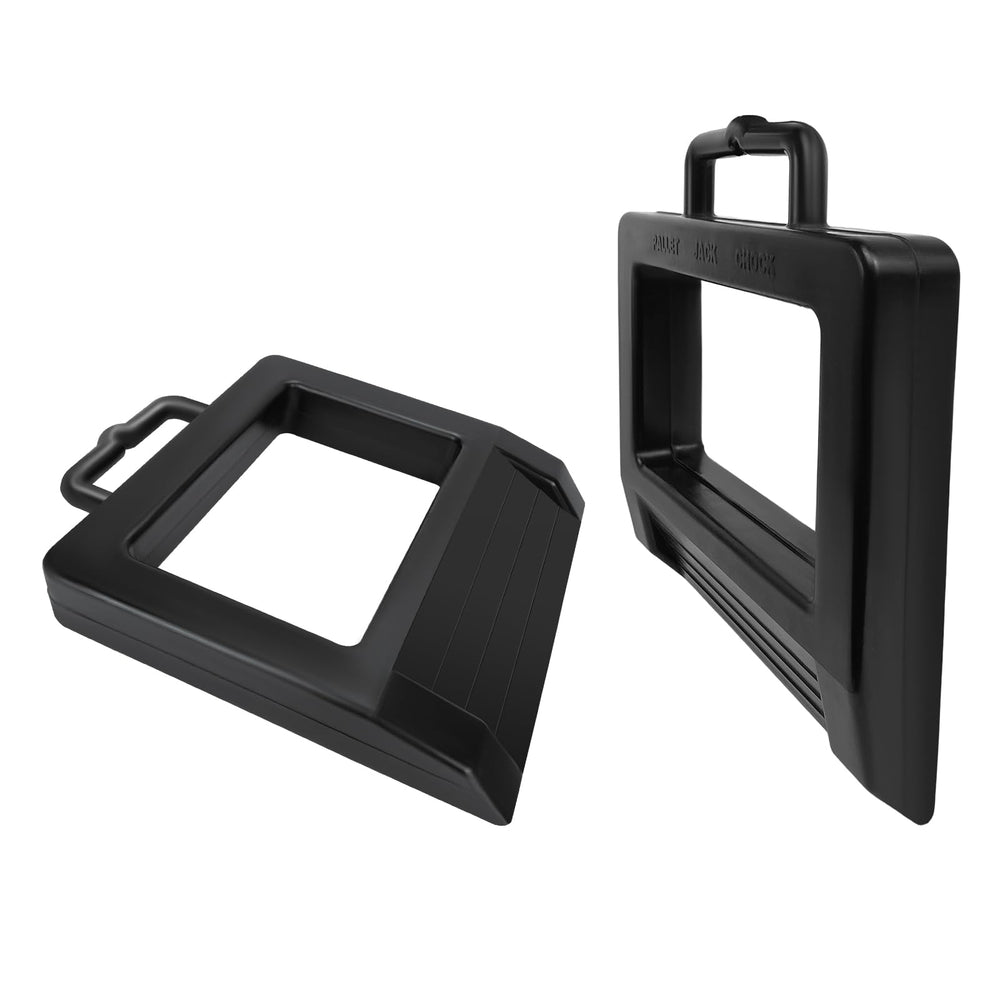 ROBLOCK 2 Pack rubber pallet jack chock side view stabilizes pallet trucks in warehouses.