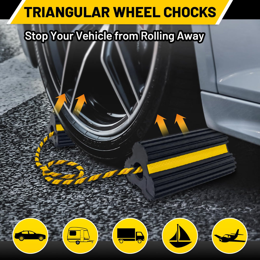 ROBLOCK yellow aircraft wheel chock with high-visibility stripes.