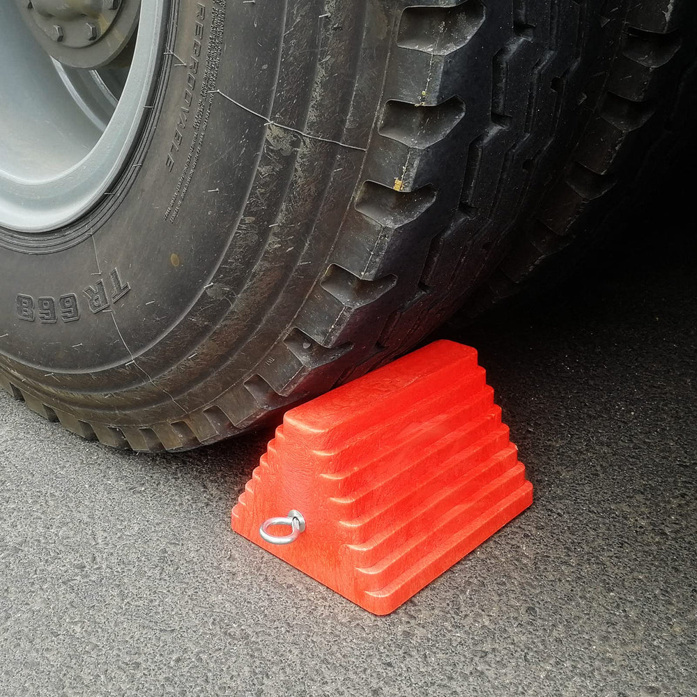 ROBLOCK orange wheel chocks designed for cars, trailers, and RVs.