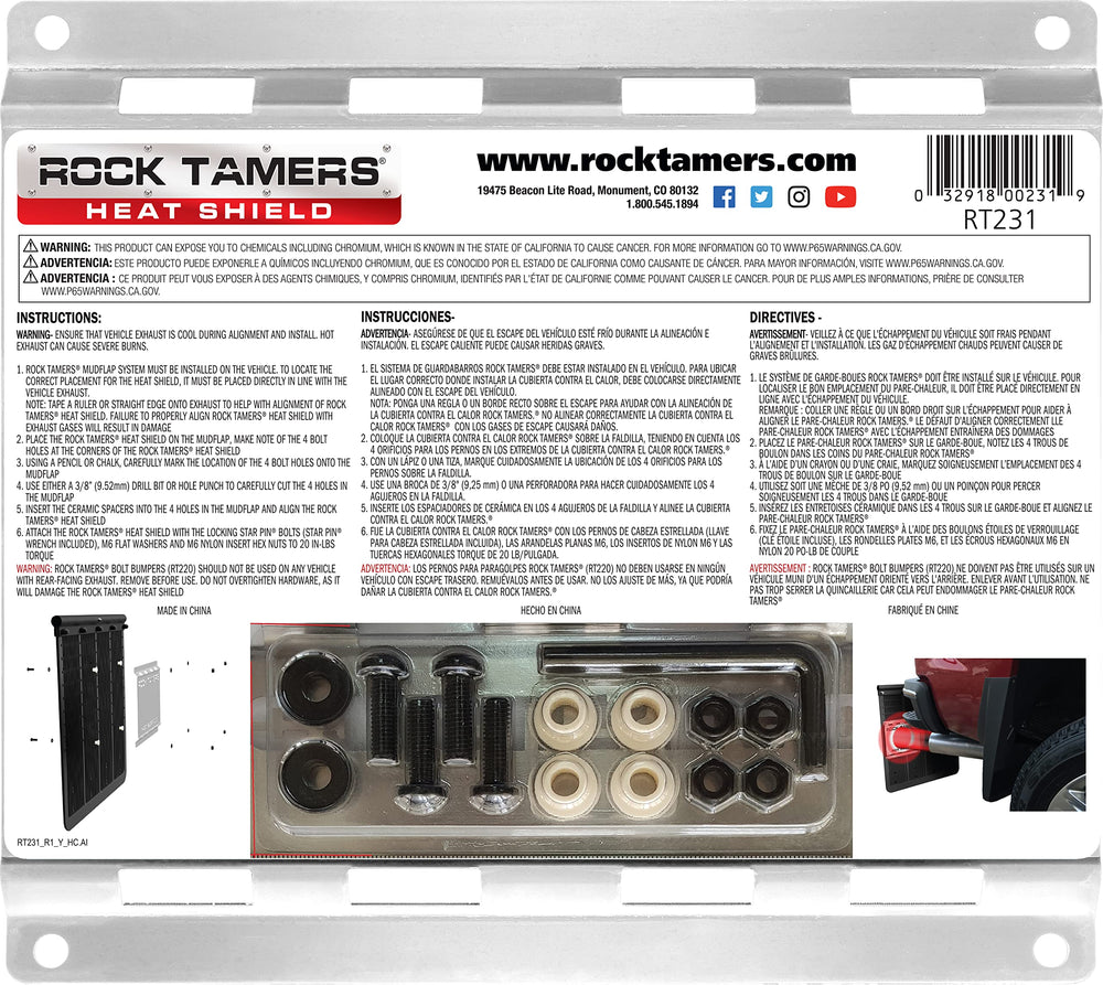 Rock Tamers RT231 heat shield installation on mudflap in progress