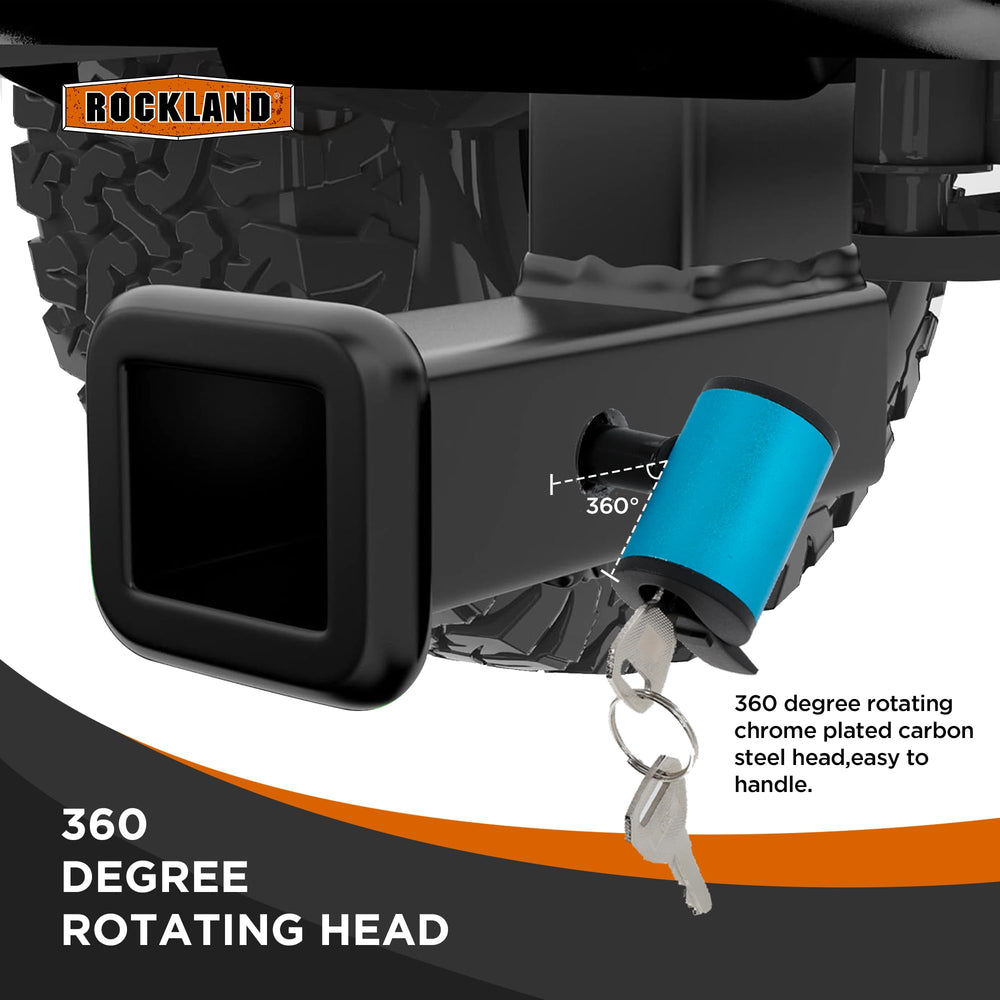 Rockland hitch pin installed on rack demonstrates quick setup.