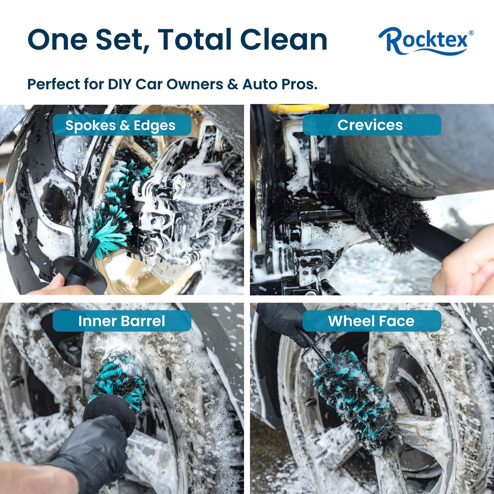 Rocktex wheel brush large bristles for deep grime removal on rims.