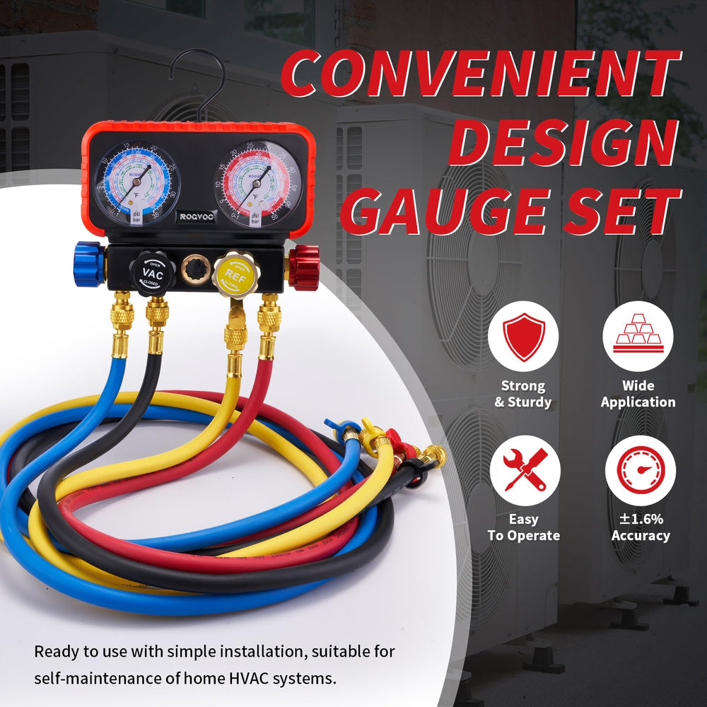 Rogvoc four-way manifold gauge in use for quick refrigerant checks.
