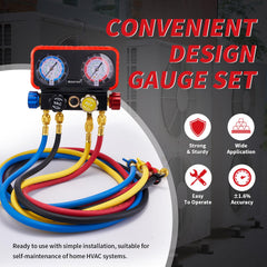 Rogvoc four-way manifold gauge in use for quick refrigerant checks.