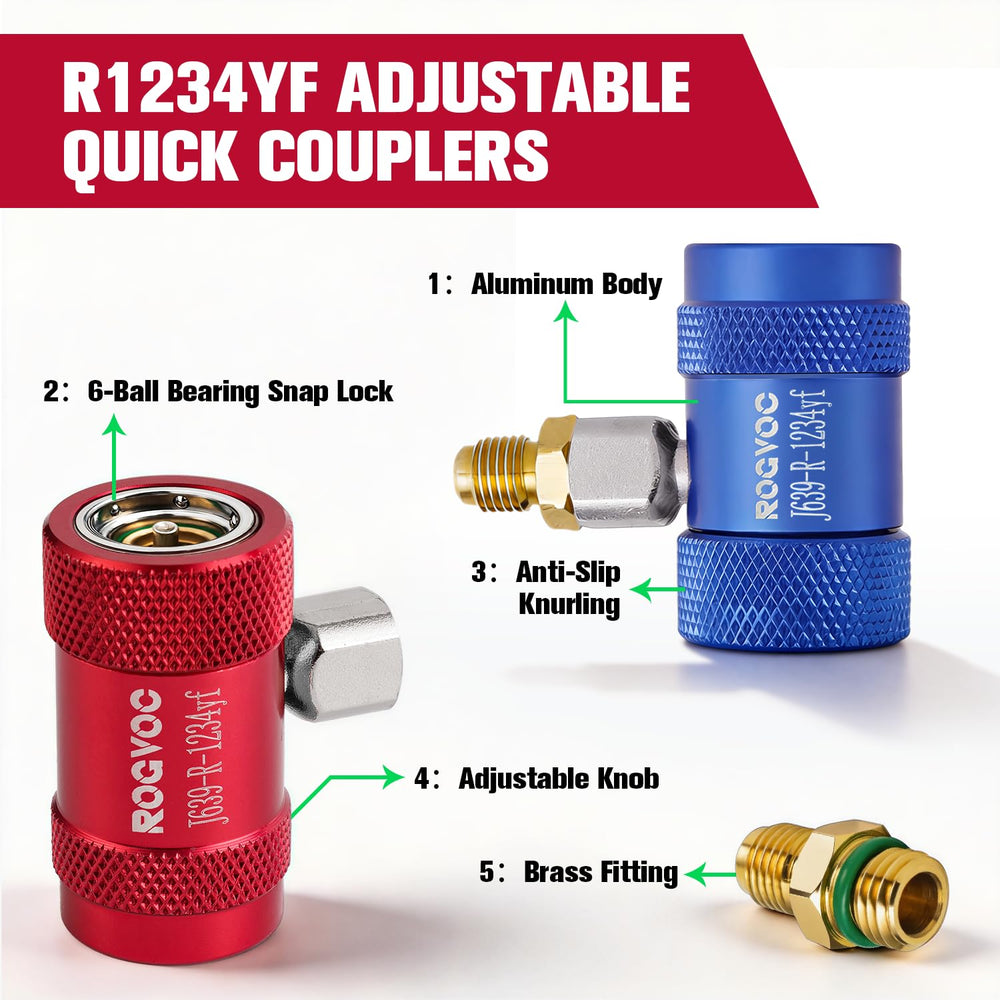 Rogvoc R1234yf 1/4-in flares fittings aid reliable evacuation and recharge.