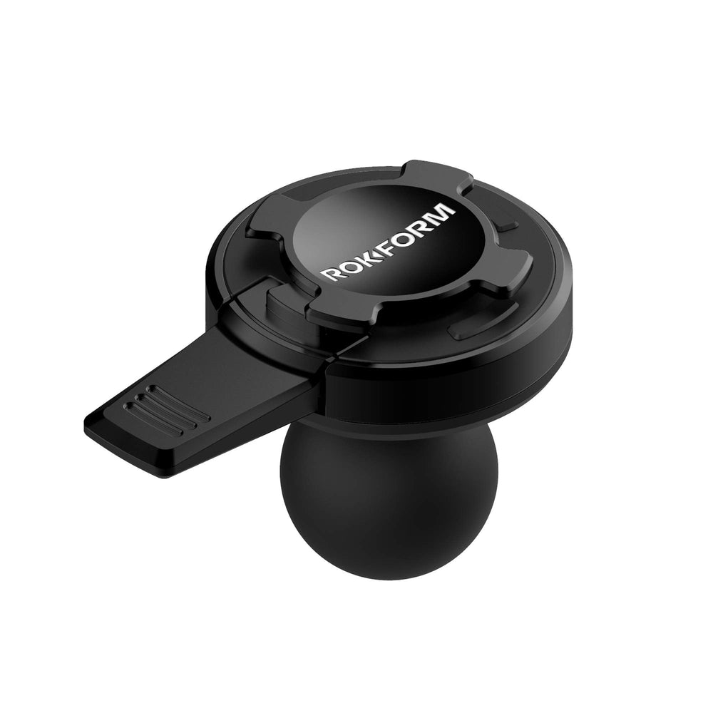 Rokform universal ball adapter on motorcycle mount showing secure twist lock system