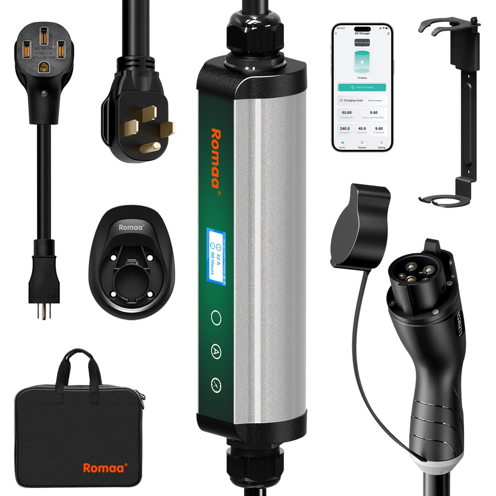 Romaa Level 2 EV Charger 40A with 240V output for fast home charging.