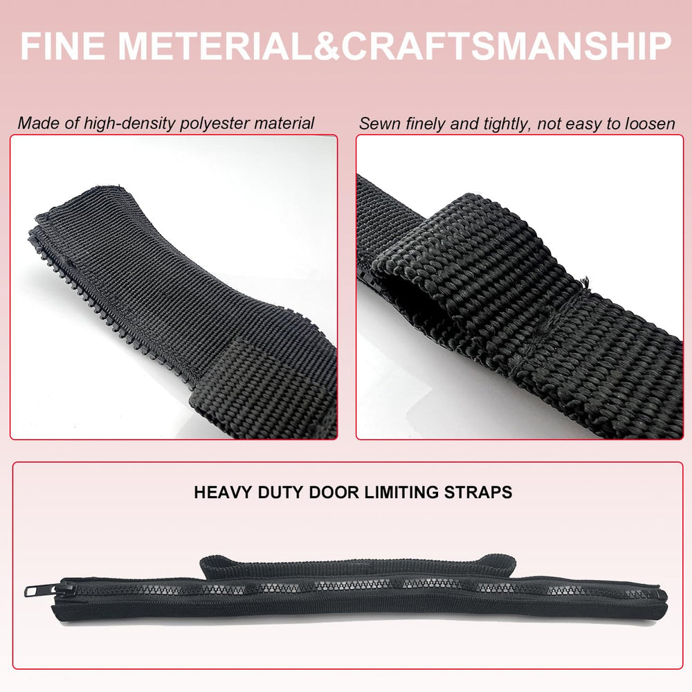 ROMASO door straps easy install guide with cut, thread, and zip steps.