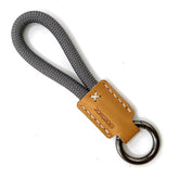 RONGBOER handmade cowhide leather short keychain grey texture close-up showing natural grain and finish.