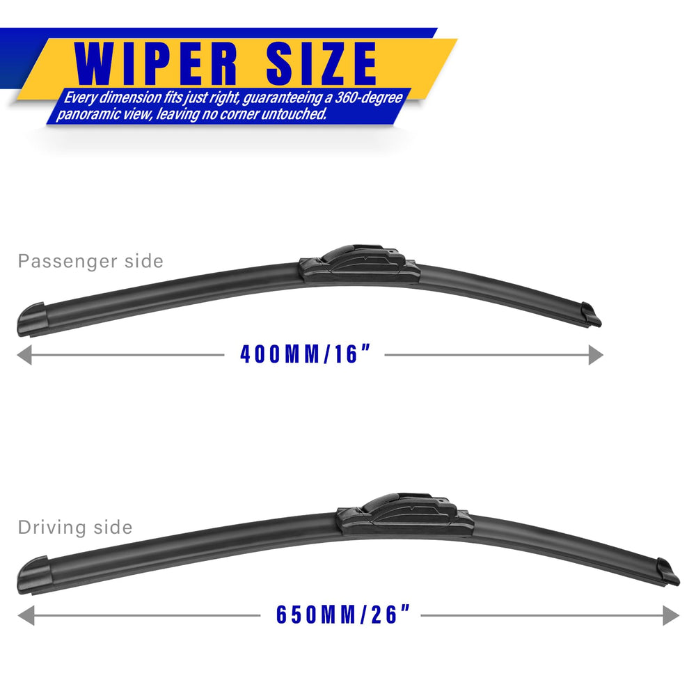 Rooppa 16-inch front wiper blade maintains clear sight lines in rain.