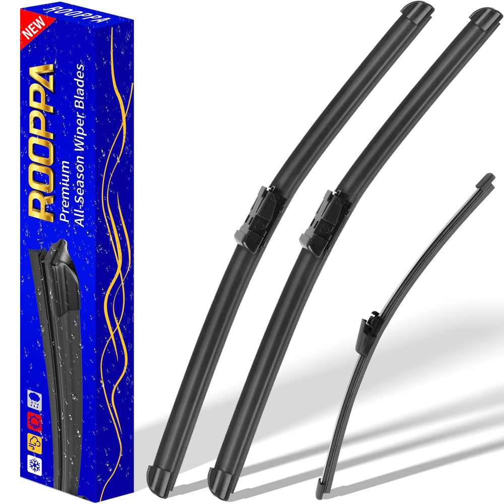 Rooppa 24-inch wiper blade on front windshield for clear rain visibility.