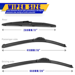Rooppa wipers 26in front blade shows wide sweep for clear visibility in rain.
