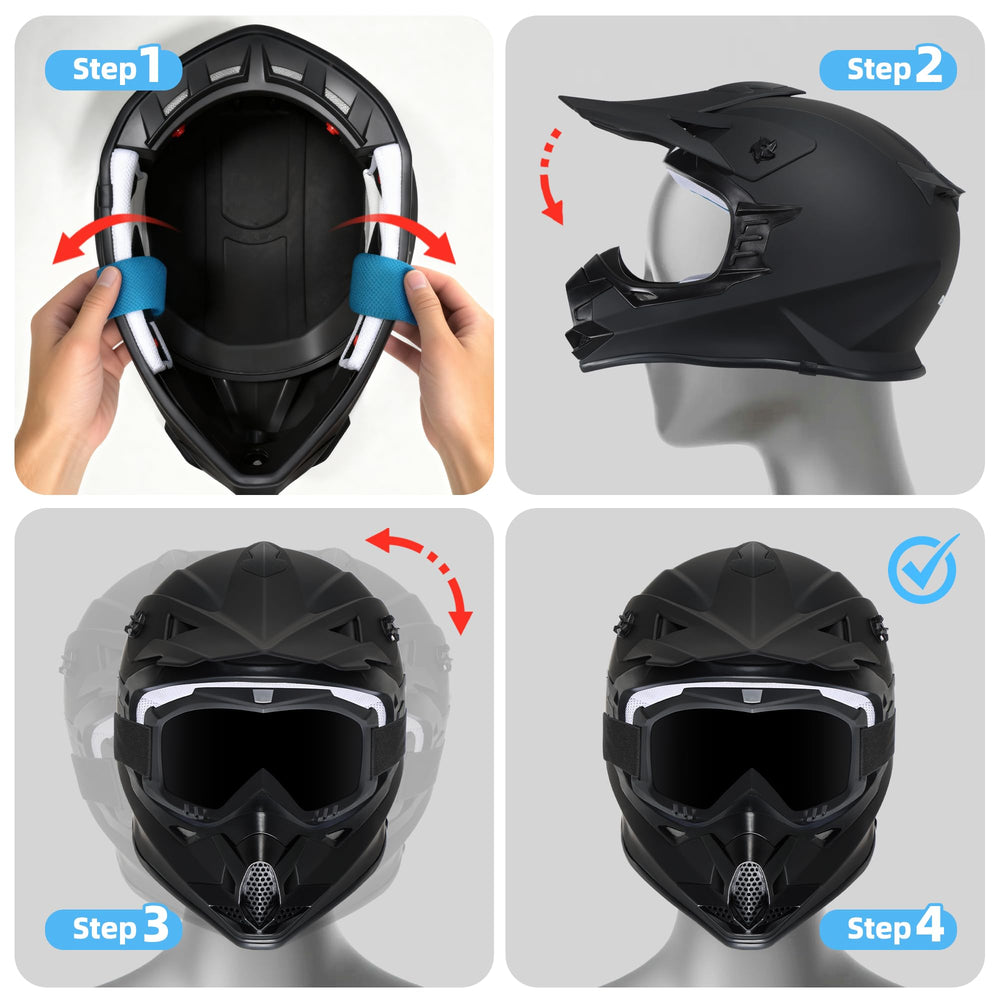 Roozo Kids Helmet kit ready for quick ride prep with gloves and goggles.