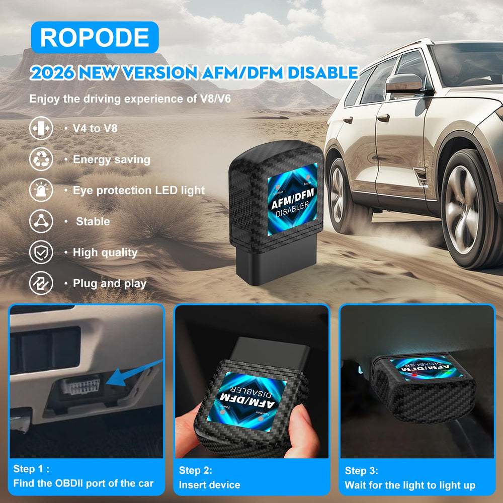 ROPODE AFM Disabler close-up, OBD-II connector ready for tool-free installation.