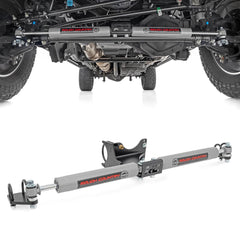 Rough Country N3 dual steering stabilizer close-up showing rugged build for stability.