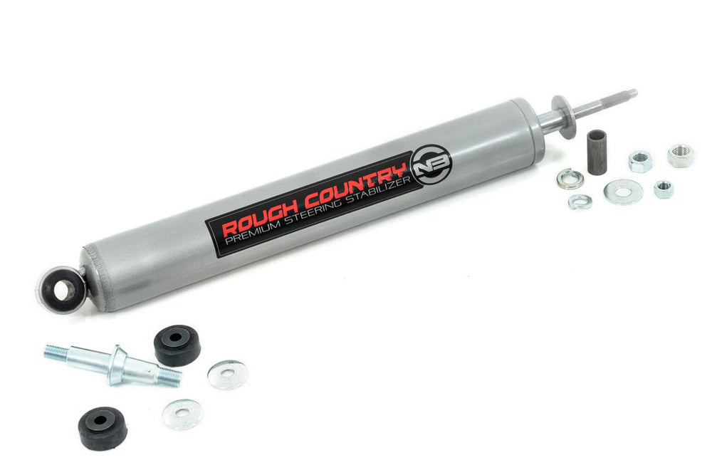 Rough Country N3 steering stabilizer for Ford Super Duty, side view showing improved stability.