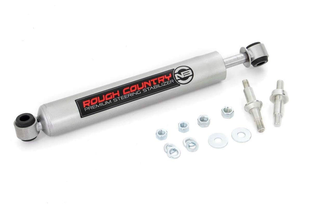 Bolt-on installation view of Rough Country N3 steering stabilizer with quick integration.