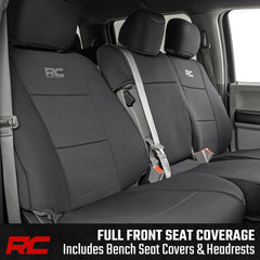 Rough Country neoprene rear seat cover showing 60/40 split protection.
